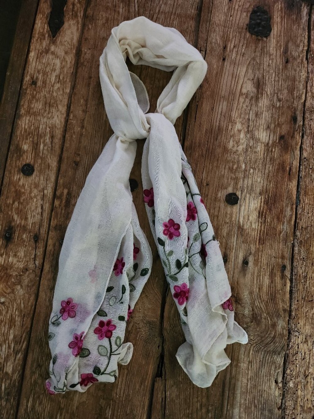 Lightweight Off White Embroidered Scarf Worn A Few Times